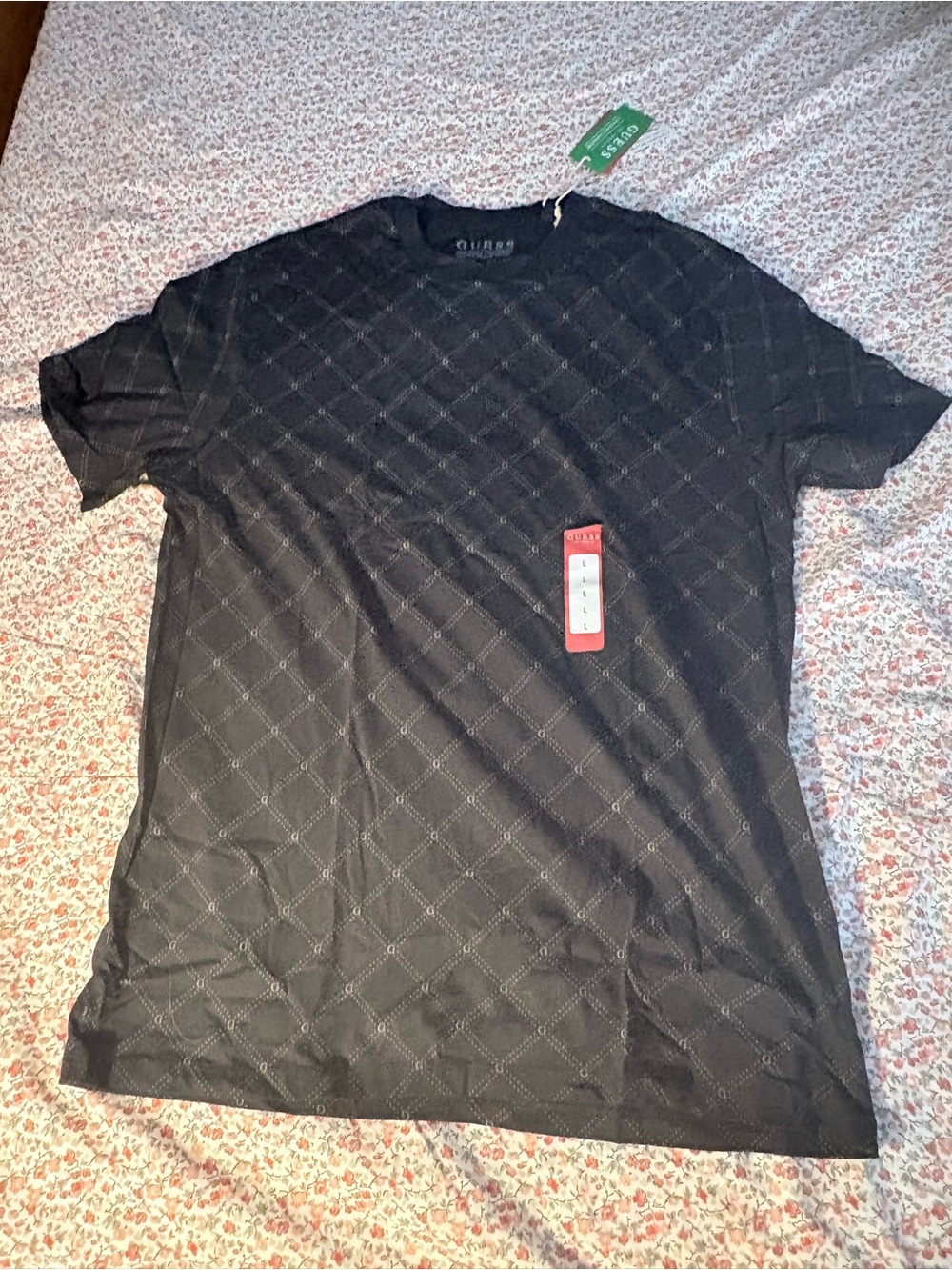 Guess Men’s Black Short-Sleeve Tee with Tonal Diamond Pattern